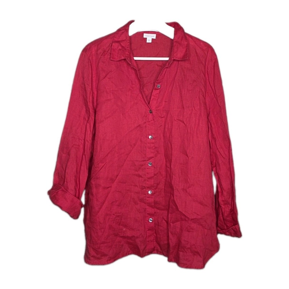 J. Jill Womens Red Pink Long Sleeves Button Up Linen Shirt Collared Casual XL